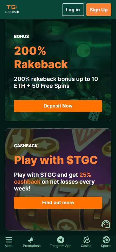 TG.Casino games page on mobile