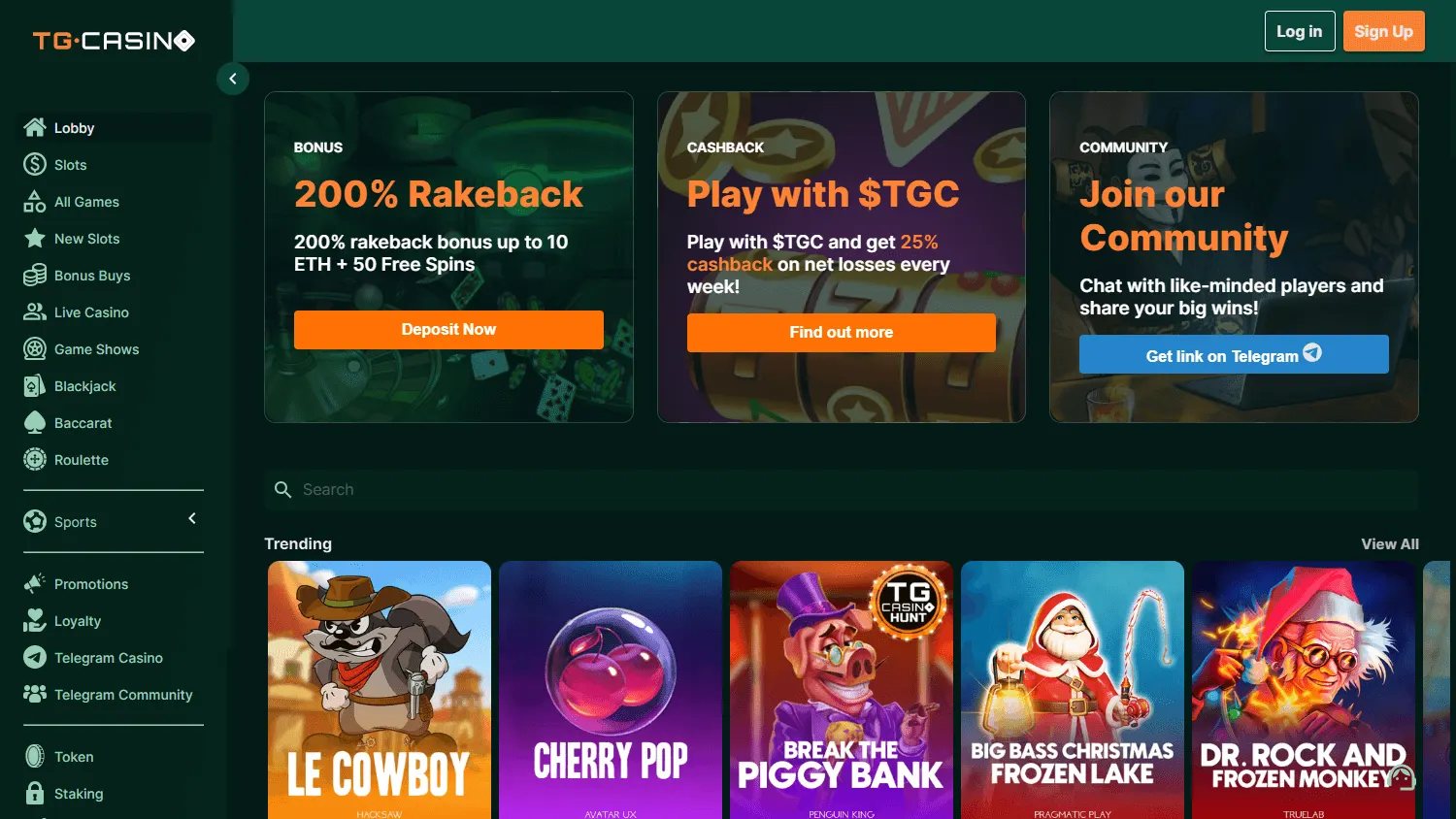 TG.Casino games page on desktop