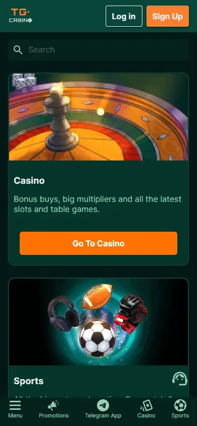 TG.Casino home page on mobile