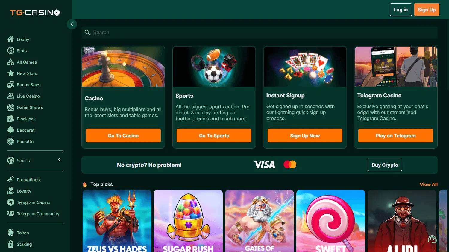 TG.Casino home page on desktop