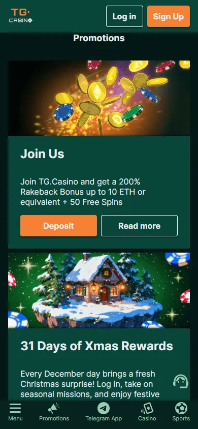 TG.Casino promotions page on mobile