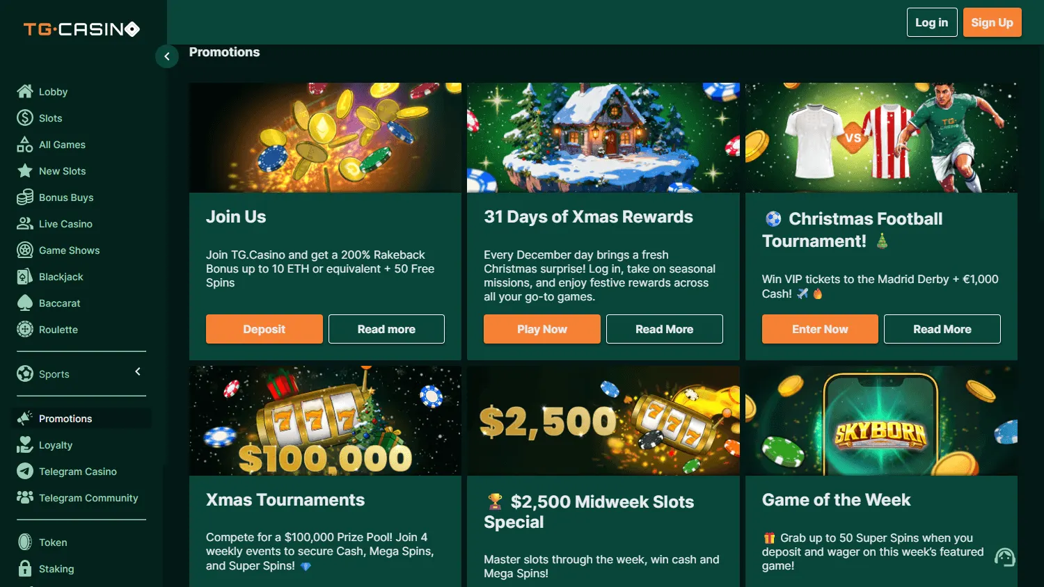 TG.Casino promotions page on desktop
